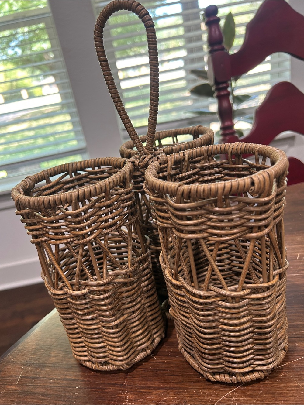 Rattan 3 Bottle Wine Holder/Utensil Caddy - Picture 3 of 5